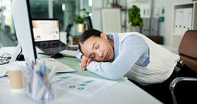 Buy stock photo Tired woman, sleeping or computer with rest for fatigue, burnout or procrastination in office. Business, female person or employee asleep with snooze, nap or break for bored, lazy or unproductive day
