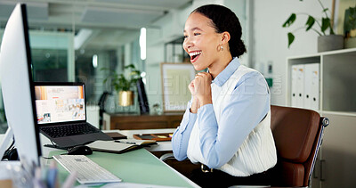 Buy stock photo Excited, business and woman with computer in office for good news, story success and nomination. Smile, female person and pc for award recognition, media achievement and online announcement for bonus
