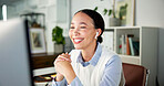 Video call, smile or woman in office with earphones, discussion or good news in client chat. Happy, digital or consultant in agency with tech, online meeting or positive update for stakeholder.