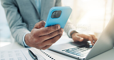 Buy stock photo Hands, mobile and business man with laptop for accounting, tax report or financial notification. Computer, phone and accountant in office with email for audit review, payroll information and budget