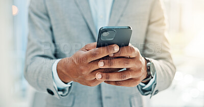 Buy stock photo Hands, mobile and business man in workplace for insurance, policy notification or check schedule. Person, phone or broker in office with email for claims review, coverage information or communication