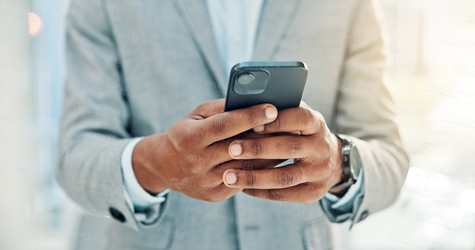 Buy stock photo Hands, mobile and business man in workplace for insurance, policy notification or check schedule. Person, phone or broker in office with email for claims review, coverage information or communication