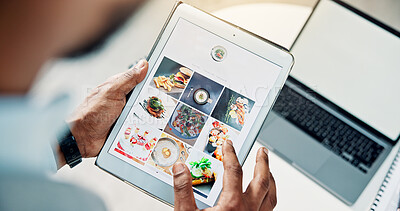 Buy stock photo Tablet screen, food and ux with hands of person in office for social media, recipe marketing and homepage. Web design, online lunch menu and cooking blog and order app with man in agency for ui