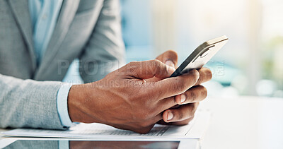 Buy stock photo Hands, business and person with phone in office for research, stock market and trading online. Male trader, mobile and review for cryptocurrency, financial exchange and economic update for investment