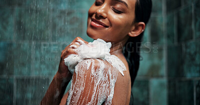 Buy stock photo Woman, sponge or soap in shower with water for cleaning, body care or wellness in home. Happy female person, liquid or hygiene foam wash in bathroom with loofah, skincare bubbles or grooming.