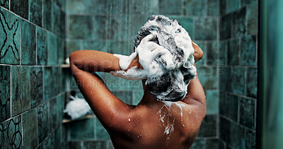 Buy stock photo Shower, woman and shampoo for hair, hygiene or cleaning with morning routine in home. Soap, person or wash scalp with water, cosmetics or haircare treatment for beauty with foam in bathroom from back
