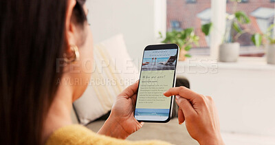 Buy stock photo Home, hands and woman with phone screen, travel and typing with homepage for accommodation. Apartment, cellphone and person on sofa, internet and holiday agency with booking, app and subscription