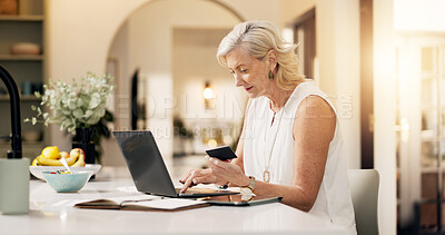 Buy stock photo Home, credit card and senior woman with laptop, ecommerce and online shopping with email. Investment, pensioner and old person with computer, buying and payment with transactions, banking and fintech