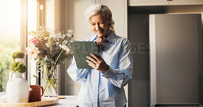 Buy stock photo Home, tablet and old woman with smile, internet and connection with online humor. Social media, pensioner or mature person with technology, digital app or network with funny meme and communication