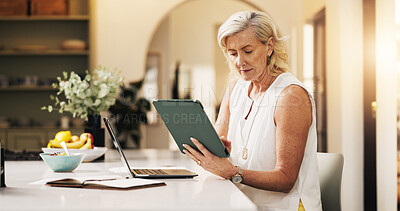 Buy stock photo Woman, laptop and reading with tablet for project draft, editing article and creative process in home. Remote work, freelance writer and tech for proofreading with mature editor or story development