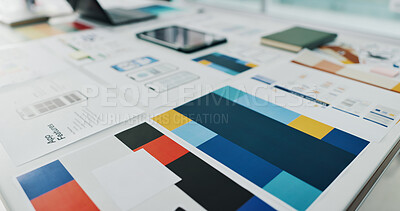 Buy stock photo App development, wireframe documents and design illustration for site features, UI and template. Paperwork, blueprint and smartphone layout in office for mobile software, UX mapping and graphic model