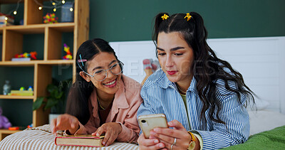 Buy stock photo Friends, women or reading phone in bedroom for bonding, show social media post or online viral trend. Relax, connection or people in home with mobile for browsing, internet blog or gen z at sleepover