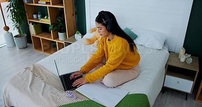 Buy stock photo Above, headphones or woman in bedroom with laptop, educational podcast and research for report. Digital, music streaming and student in house with tech, study playlist and e learning for online exam.