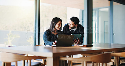 Buy stock photo Feedback, laptop and teamwork with business people in office for realtor listing, discussion and research. Property developer, project manager and collaboration with employees for online review