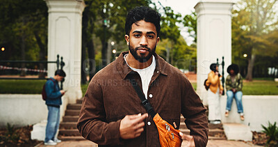 Buy stock photo Confident, man and student with portrait at college for education, scholarship and learning. Male person, ready and bag outdoor for study opportunity, course curriculum and knowledge at university