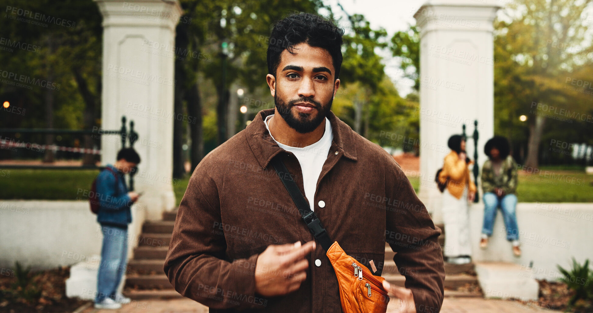 Buy stock photo Confident, man and student with portrait at college for education, scholarship and learning. Male person, ready and bag outdoor for study opportunity, course curriculum and knowledge at university
