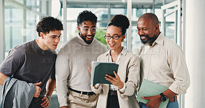 Buy stock photo Excited, team and people with tablet, office and review ad results on website, good news and online. Happy, colleagues and collaboration for digital marketing, discussion and meeting for campaign