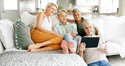 Buy stock photo Sofa, mature women and relax with tablet in home for watching series, weekend break or bonding. Friends, group and happy with tech in apartment for streaming online movie, holiday reunion or support