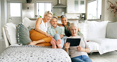 Buy stock photo Sofa, women and happy with tablet in home for watching series, weekend break and bonding. Friends, mature people and smile with digital tech in house for streaming movie, holiday reunion and support
