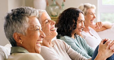 Buy stock photo Mature people, watching tv and laughing on sofa for comedy movie, show or series in home. Women, group or friends with smile, humor or funny moment for living room entertainment together in house