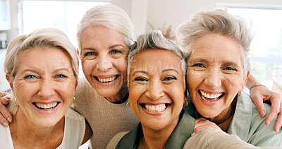 Buy stock photo Portrait, senior women and hug with selfie, smile and bonding together for profile picture in home. Happy, elderly people and retired friends with photography, connection and embrace for good memory.