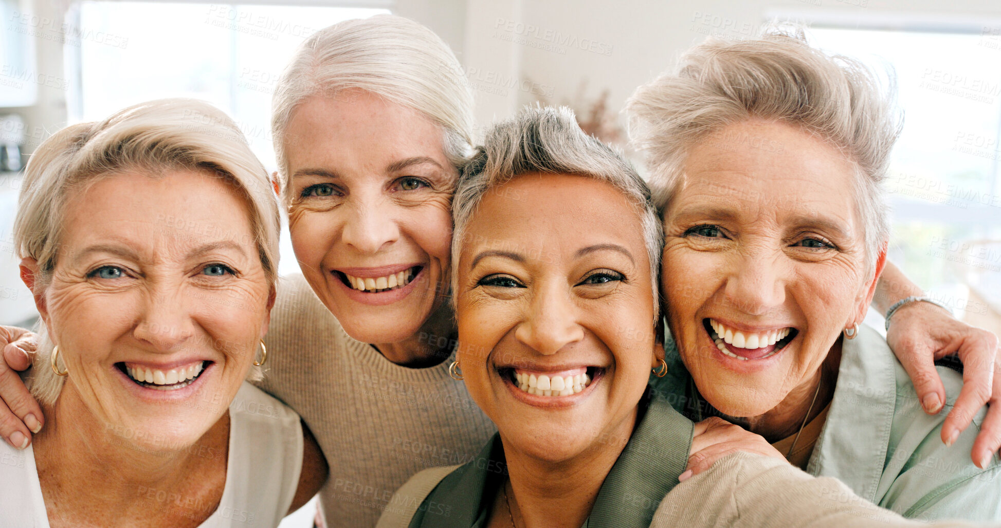 Buy stock photo Portrait, senior women and hug with selfie, smile and bonding together for profile picture in home. Happy, elderly people and retired friends with photography, connection and embrace for good memory.
