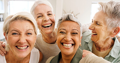 Buy stock photo Portrait, elderly women and hug with selfie, smile and bonding together for profile picture in home. Happy, senior people and retired friends with photography, connection and embrace for good memory.