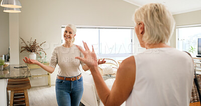 Buy stock photo Friends, surprise and hello with old women in home for bonding, greeting or retirement. Happiness, love and social reunion with senior people in living room of apartment for welcome, smile and care