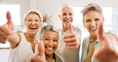 Buy stock photo Elderly, happy women and portrait with thumbs up in home for social gathering together or feedback. Senior, female people or group with smile, like emoji or yes sign for unity or solidarity in house