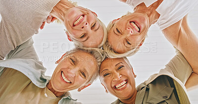Buy stock photo Portrait, friends and women with smile, hug and happiness for reunion, low angle and laugh on break. Mature people, together and embrace for support, friendship and bonding on holiday or solidarity