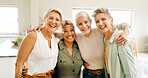 Senior, happy women and portrait with hug in home for friendship, social gathering or bonding. Elderly, female people or friends with smile or embrace for pension or retirement together in house