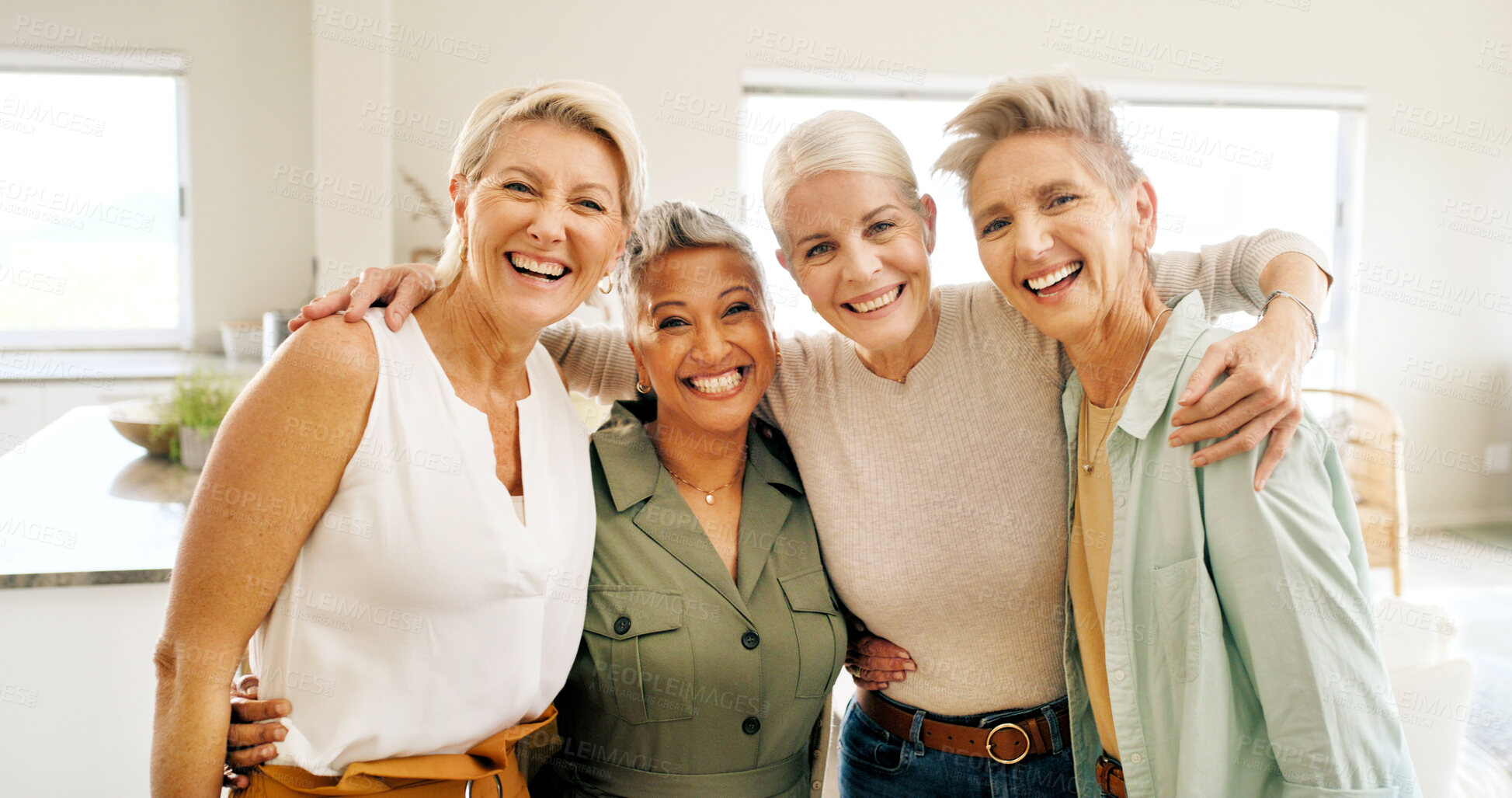 Buy stock photo Mature, happy women or portrait with hug in home for friendship, social gathering or bonding. Excited, female people or friends with smile or embrace for reunion, holiday or weekend together in house