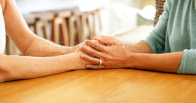 Buy stock photo Holding hands, house and women with support, friends and comfort with empathy, grief and compassion. Closeup, apartment and people with sympathy, care and mourning for loss, trust and consoling
