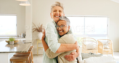 Buy stock photo Friends, hug and old women with smile, house and happy for reunion, retirement and bonding on break. Laughing, senior people and embrace for friendship, together and affection for support in home