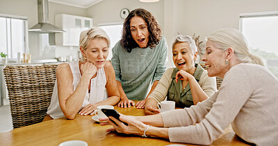 Buy stock photo Mature people, friends and phone at house for social media, browsing website and reading gossip. Group, women and mobile for celebrity news, review post and message notification at reunion gathering