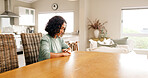 Sad, thinking and mature woman in home with stress, mental health or reflection with flashback. Person with depression, regret or lost in thoughts, loneliness and remember past memory in house