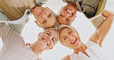 Buy stock photo Portrait, friends and senior women with smile, hug and excited for reunion, low angle and retirement. Elderly people, together and embrace for support, laughing and happy for friendship or bonding