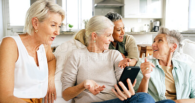 Buy stock photo Phone, social media and senior women in living room for bonding, reunion and together in home. Smile, retirement and group of mature friends on sofa with online gossip, internet post or blog in house