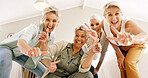 Energy, hand gesture and portrait of old women in home together for bonding or fun from below. Excited, peace sign and thumbs up emoji with group of happy senior friends in apartment for retirement