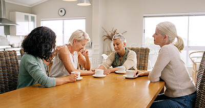 Buy stock photo Mature women, comfort and sad friend for support, breakup and sympathy for relationship fail. Friends, group and consoling person with depression, broken heart or grief with breakdown in house