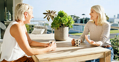 Buy stock photo Coffee, conversation and laughing with senior friends on home balcony together for bonding or retirement. App, drink and funny with happy old people outdoor at apartment for beverage, break or relax