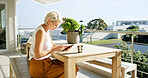 Balcony, coffee and tablet with senior woman at apartment for break, retirement or social media. App, home or relax and old female person with drink outdoor for fresh air, me time or planning