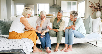 Buy stock photo Mature women, comfort and sad friend on sofa for support, breakup or sympathy for relationship fail. Friends, group and consoling person with depression, broken heart or grief with breakdown in house
