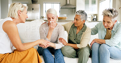 Buy stock photo Elderly women, friends and comfort with empathy on sofa for bad relationship, breakup or divorce. Senior, female people or group with concern or worry for understanding, sympathy or care in home