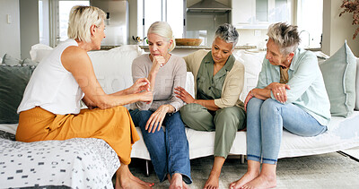 Buy stock photo Mature women, friends and comfort with empathy on sofa for bad relationship, breakup or divorce. Sad, female people or group with concern or worry for understanding, sympathy or care together in home