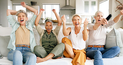 Buy stock photo Excited, elderly women or watching tv with celebration on sofa for winning or entertainment in home. Senior, happy female people or group of fans with smile or success for victory together in house
