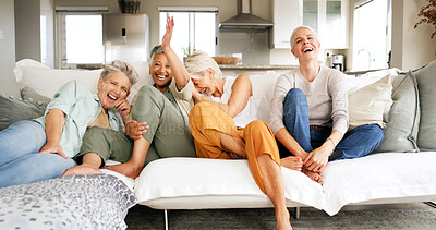 Buy stock photo Mature, happy women or watching tv with laugh on sofa for funny joke, comedy movie or show in home. Senior, female person or group of friends with smile for humor, series or entertainment in house