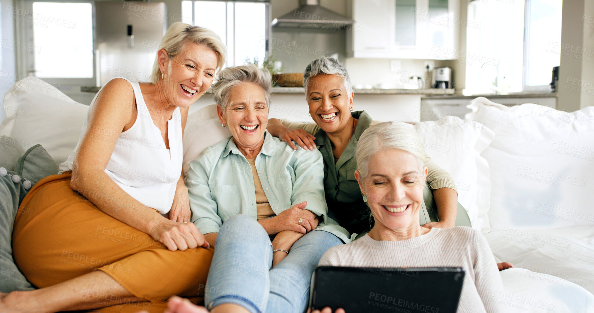 Buy stock photo Sofa, mature women and laughing with tablet in home for comedy show, weekend break and bonding. Relax, friend group and happy with tech in apartment for streaming funny movie, holiday reunion or care