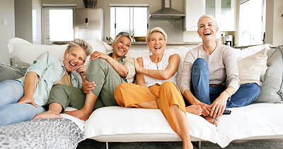 Buy stock photo Sofa, mature women and watching tv with laughing for comedy movie, weekend break or bonding. Relax, happy friends or streaming series together in home for holiday reunion, entertainment or funny show
