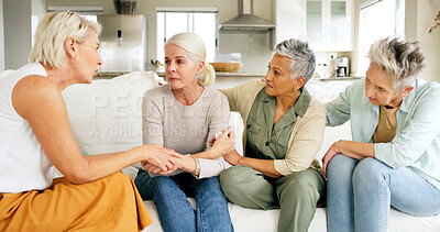 Buy stock photo Women, comfort and sad friend on sofa for support, breakup or sympathy for relationship fail. Mature people, group and consoling person with depression, broken heart or grief with breakdown in house